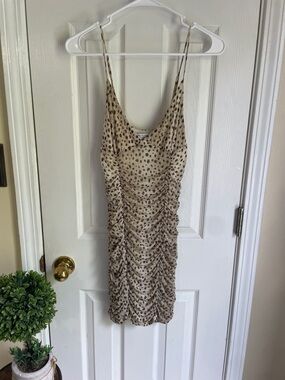 Urban Outfitters Beige Polka Dot/Animal Print Ruched Mini Dress